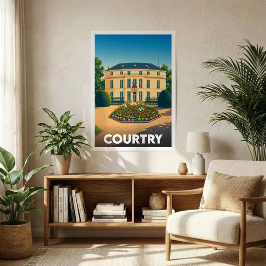 Affiche souvenir de la ville de Courtry avec une illustration stylisée de son hôtel de ville et de ses jardins.