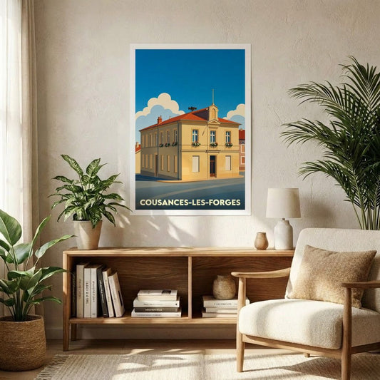 Affiche souvenir de la ville de Cousances-les-Forges avec une illustration stylisée de son hôtel de ville.