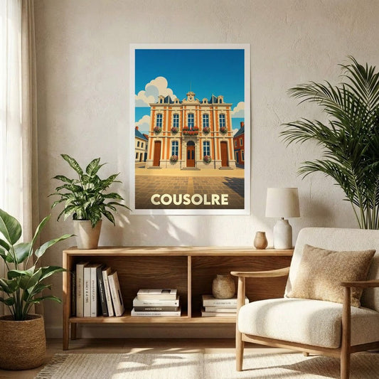 Affiche souvenir de la ville de Cousolre avec une illustration stylisée de son hôtel de ville.