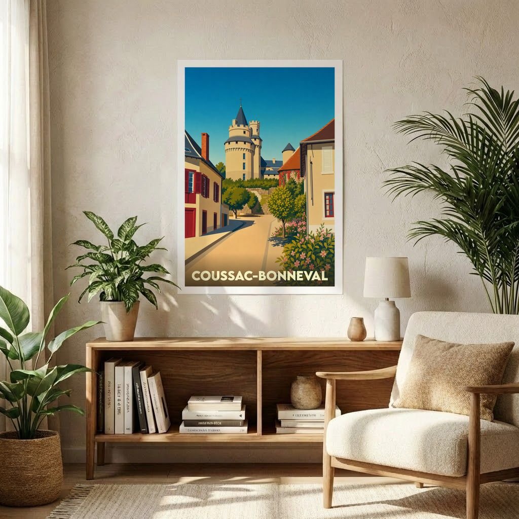 Affiche souvenir de la ville de Coussac-Bonneval présentant une illustration stylisée de son château et de ses rues pittoresques.