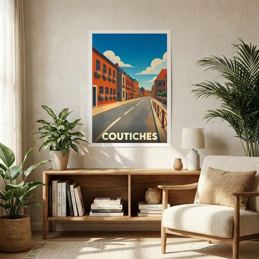 Affiche souvenir de la ville de Coutiches représentant une rue pittoresque dans un style graphique rétro.