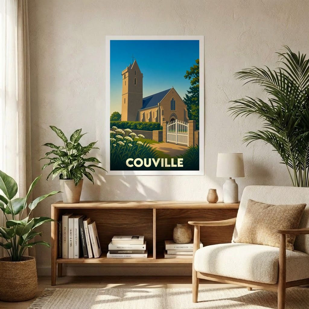 Affiche souvenir de la ville de Couville représentant son église dans un style graphique épuré.