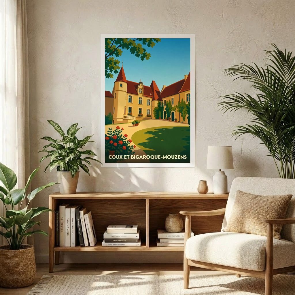 Affiche souvenir de la ville de Coux et Bigaroque-Mouzens avec une illustration stylisée d'un château.