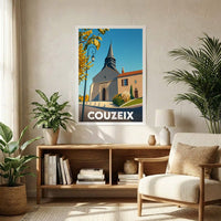 Affiche souvenir de la ville de Couzeix avec une illustration stylisée d'une église sous un ciel bleu.