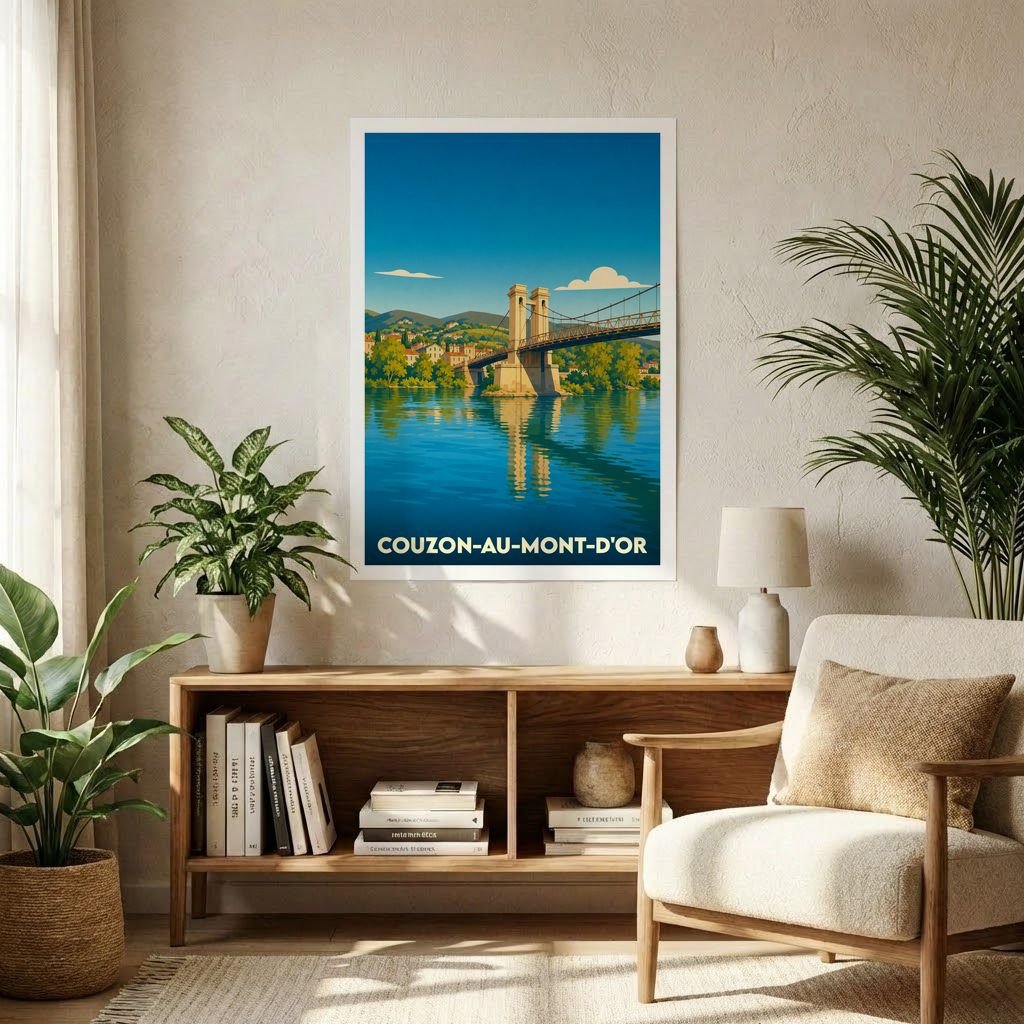 Affiche souvenir de la ville de Couzon-au-Mont-d'Or avec une illustration stylisée de son pont suspendu.