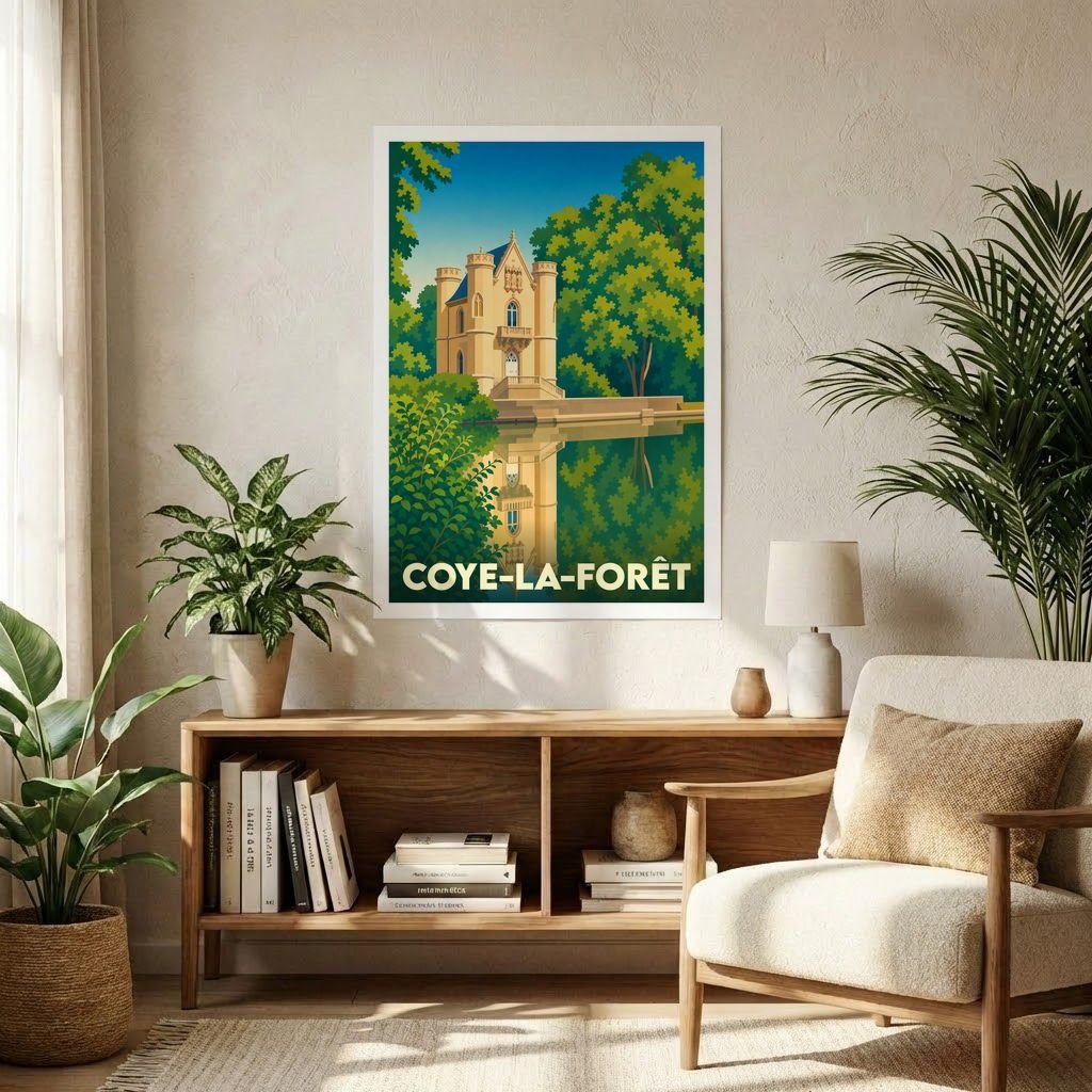 Affiche souvenir de la ville de Coye-la-Forêt avec une illustration stylisée du Château de la Reine Blanche se reflétant dans l'eau.
