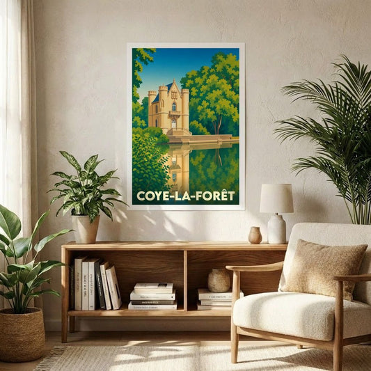 Affiche souvenir de la ville de Coye-la-Forêt avec une illustration stylisée du Château de la Reine Blanche se reflétant dans l'eau.