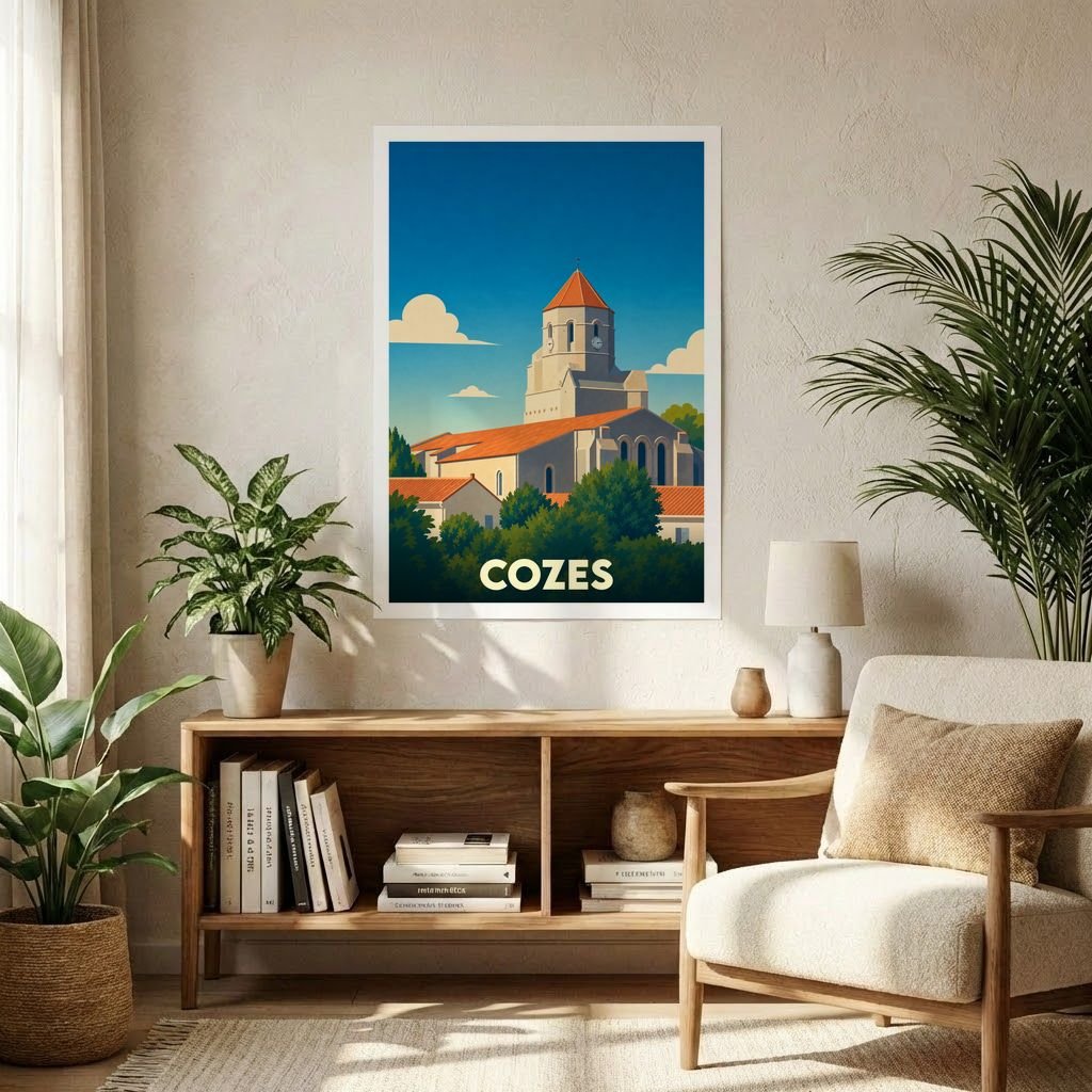 Affiche souvenir de la ville de Cozes avec une illustration stylisée de son église et de ses toits.
