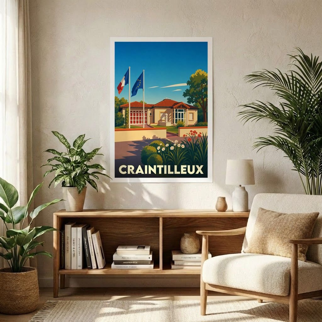 Affiche souvenir de la ville de Craintilleux avec une illustration stylisée de sa mairie sous un ciel bleu.