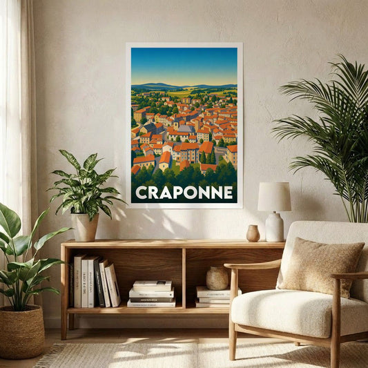 Affiche souvenir de la ville de Craponne avec une illustration stylisée et colorée de ses paysages et habitations.