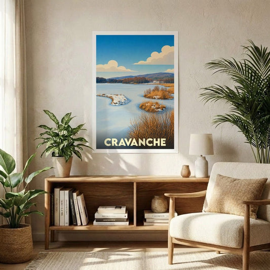 Affiche souvenir de la ville de Cravanche avec une illustration stylisée d'un paysage hivernal.