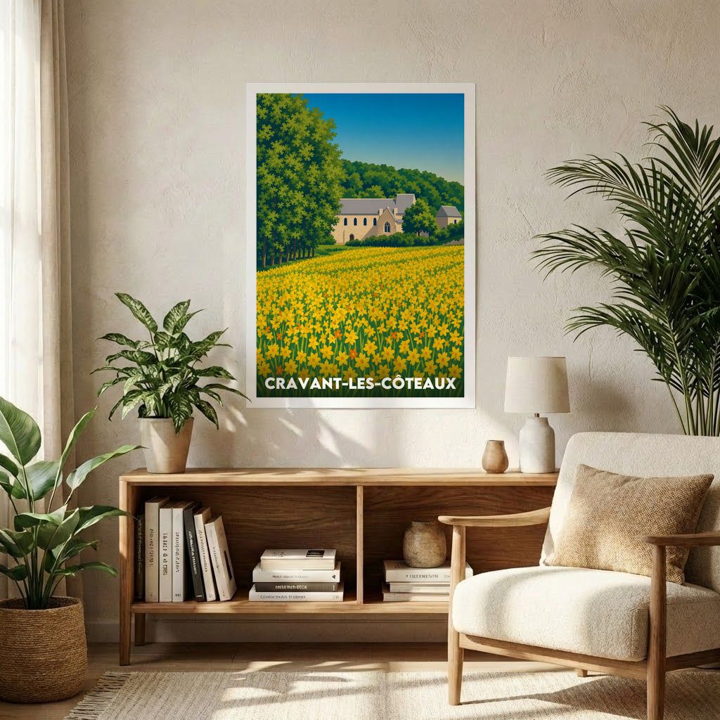 Affiche souvenir de la ville de Cravant-les-Côteaux avec une illustration graphique d'un champ de fleurs et d'un bâtiment ancien.