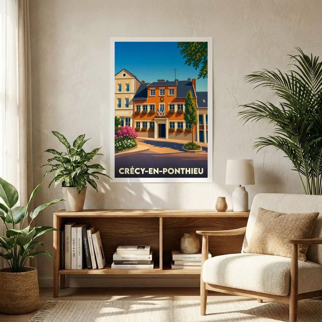 Affiche souvenir de la ville de Crécy-en-Ponthieu avec une illustration stylisée de son architecture locale.