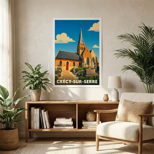 Affiche souvenir de la ville de Crécy-sur-Serre illustrant son église et son cimetière dans un style rétro.