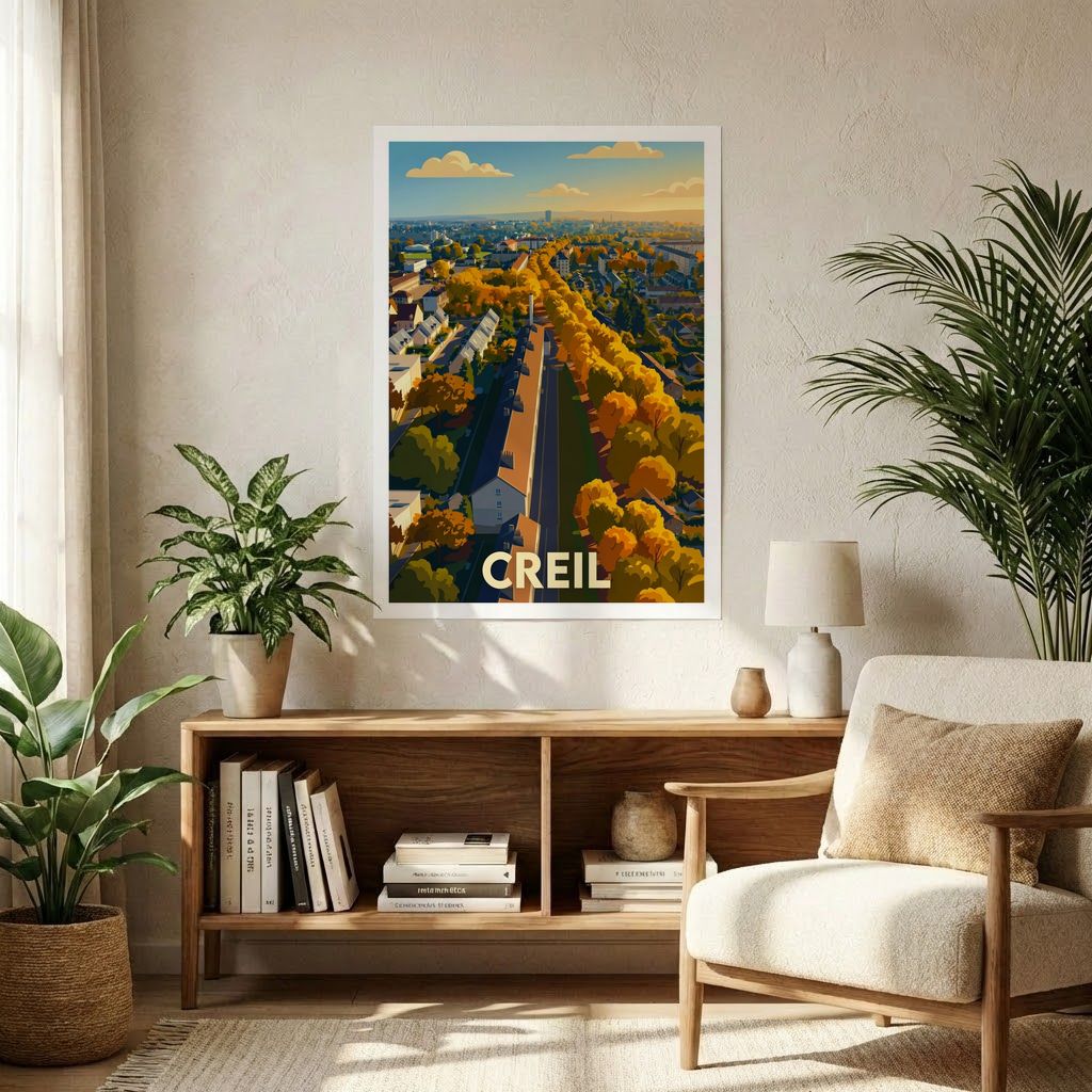 Affiche souvenir de la ville de Creil avec une illustration stylisée de son paysage urbain en automne.