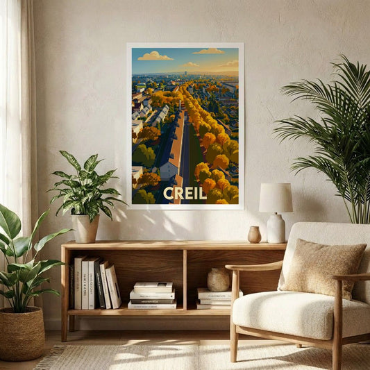 Affiche souvenir de la ville de Creil avec une illustration stylisée de son paysage urbain en automne.