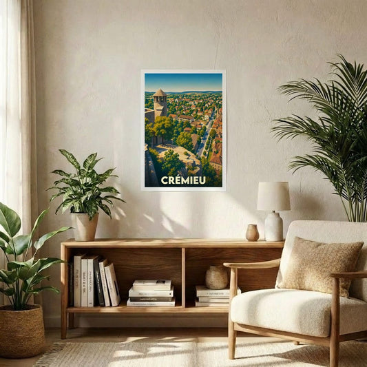 Affiche souvenir de la ville de Crémieu avec une illustration panoramique stylisée.