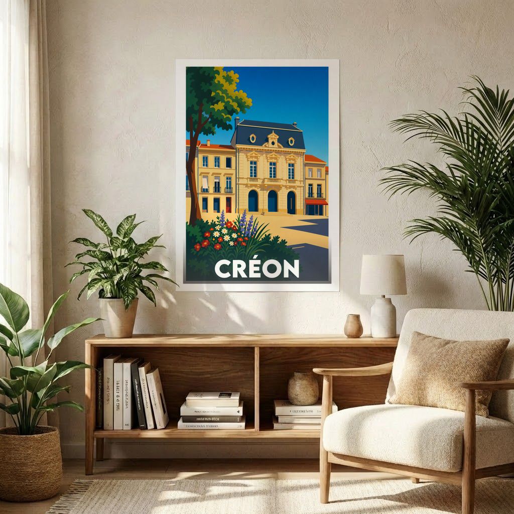 Affiche souvenir de la ville de Créon avec une illustration stylisée.