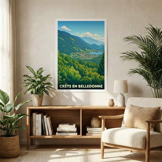 Affiche souvenir de la ville de Crêts en Belledonne avec une illustration paysagère stylisée.