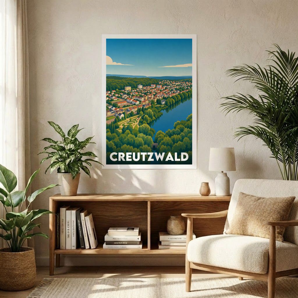 Affiche souvenir de la ville de Creutzwald avec une illustration stylisée et colorée.