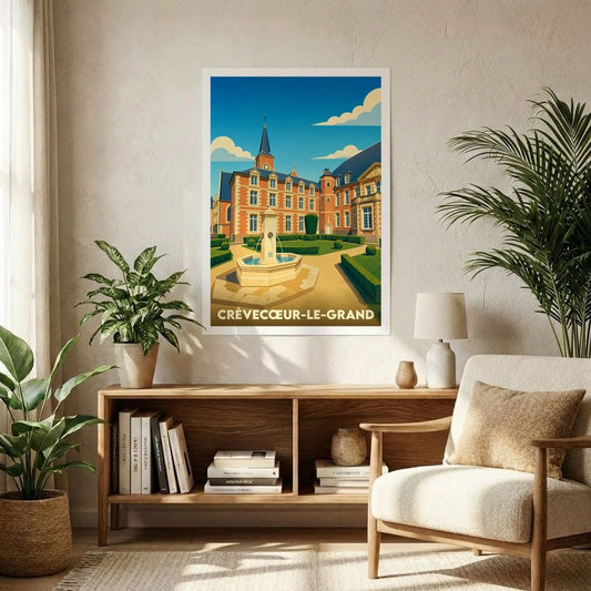 Affiche souvenir de la ville de Crèvecœur-le-Grand avec une illustration stylisée de son château et d'une fontaine.