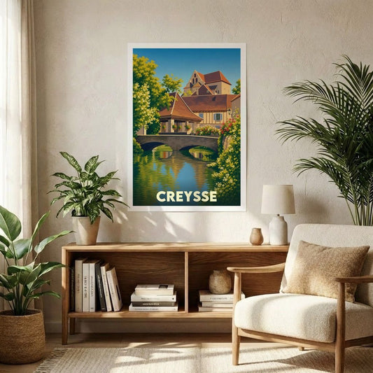 Affiche souvenir de la ville de Creysse avec une illustration stylisée et colorée.