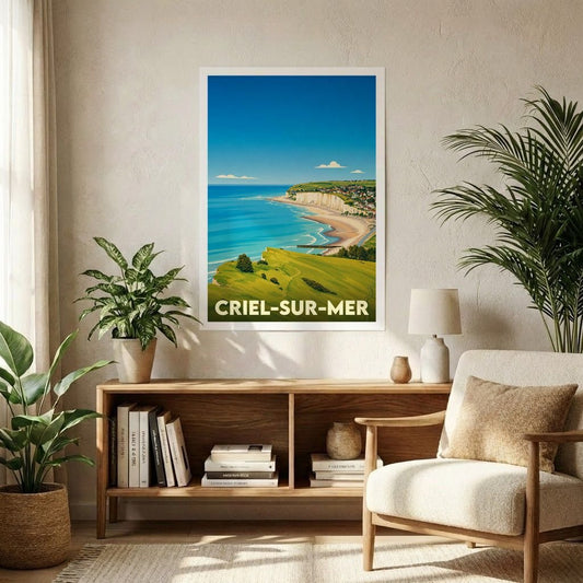 Affiche souvenir de la ville de Criel-sur-Mer avec une illustration stylisée de son littoral et de ses falaises.