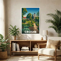 Affiche souvenir de la ville de Crosne avec une illustration stylisée d'un jardin et d'une église.