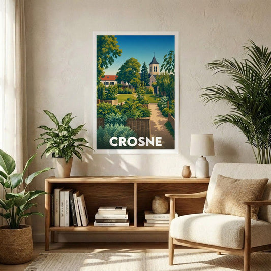 Affiche souvenir de la ville de Crosne avec une illustration stylisée d'un jardin et d'une église.