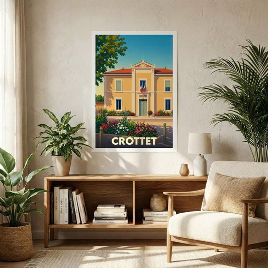 Affiche souvenir de la ville de Crottet avec une illustration stylisée d'un bâtiment municipal fleuri.