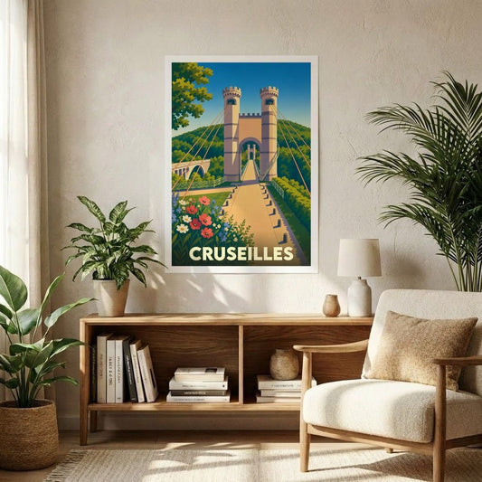 Affiche souvenir de la ville de Cruseilles avec une illustration stylisée de son pont suspendu emblématique.