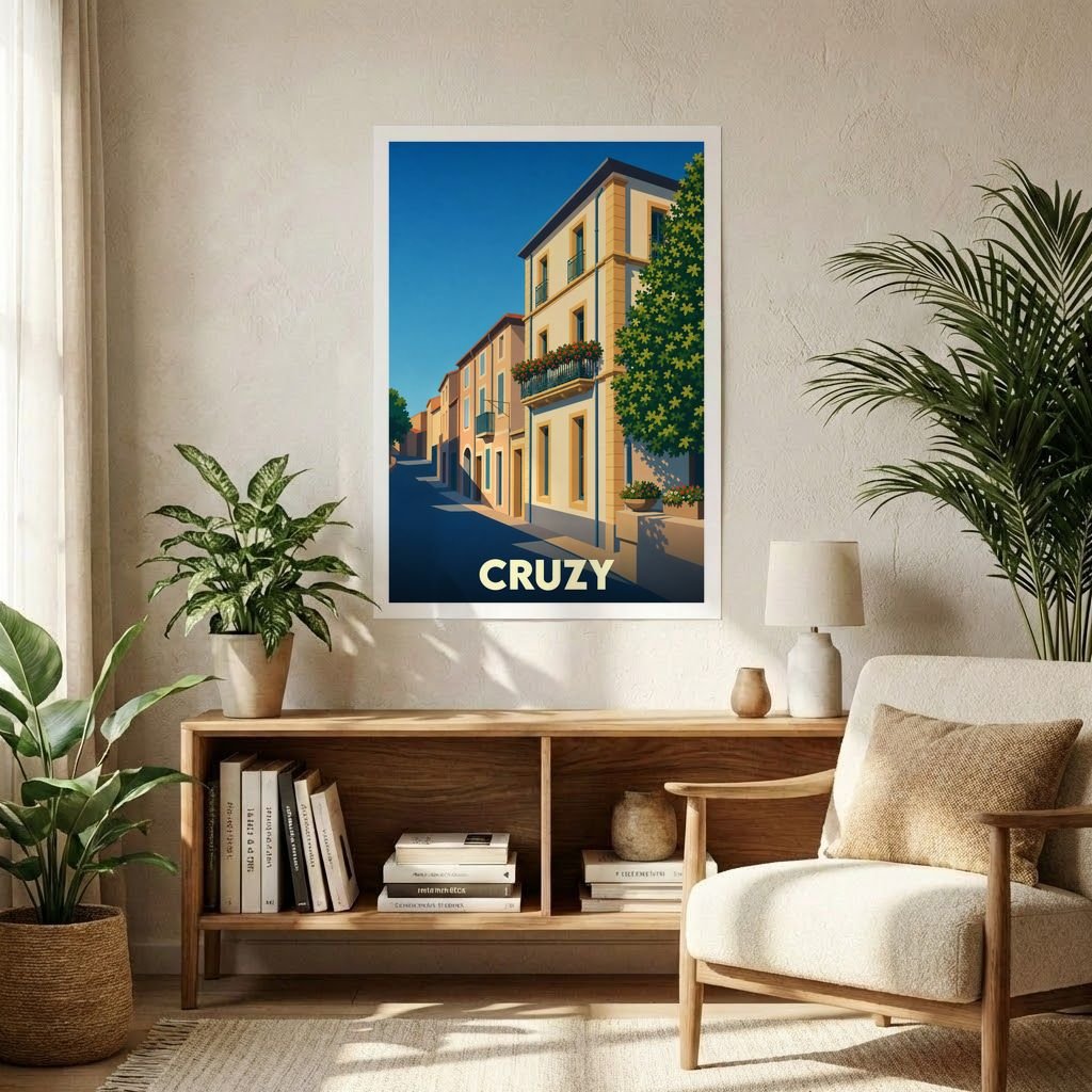 Affiche souvenir de la ville de Cruzy avec une illustration stylisée d'une rue ensoleillée.
