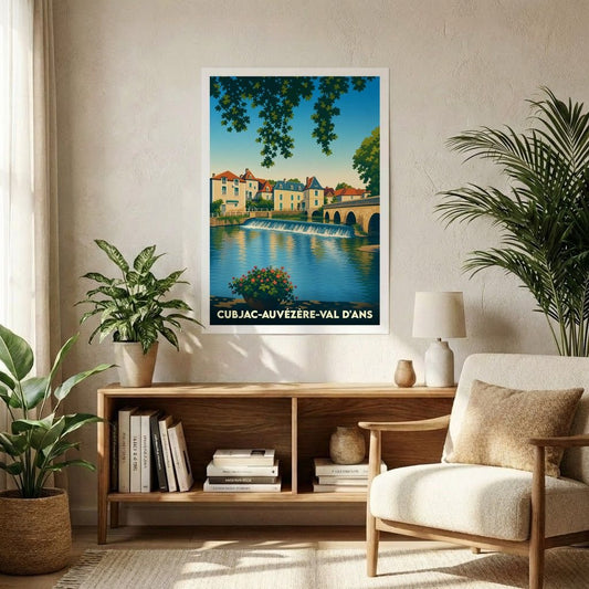 Affiche souvenir de la ville de Cubjac-Auvézère-Val d'Ans avec une illustration stylisée d'un pont en pierre et de maisons au bord de l'eau.