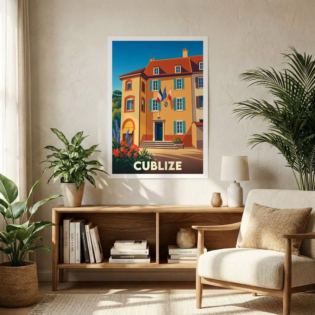 Affiche souvenir de la ville de Cublize illustrant la mairie dans un style graphique rétro et coloré.