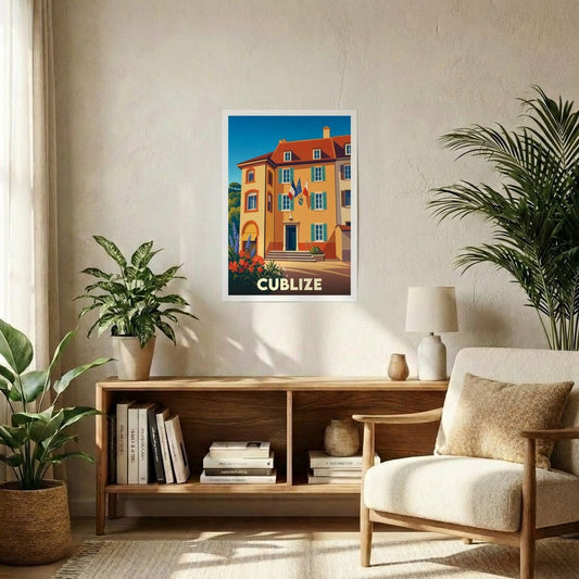 Affiche souvenir de la ville de Cublize représentant une bâtisse colorée dans un style graphique rétro.