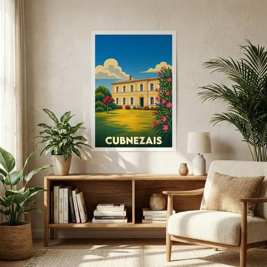 Affiche souvenir de la ville de Cubnezais illustrant une bâtisse élégante dans un style graphique rétro.