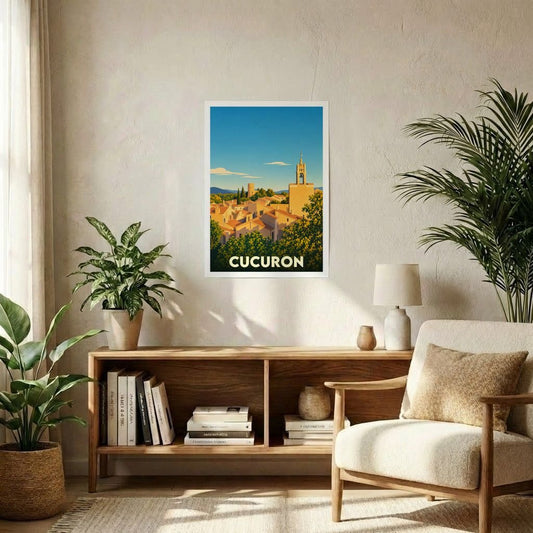 Affiche souvenir de la ville de Cucuron avec une illustration stylisée et colorée.