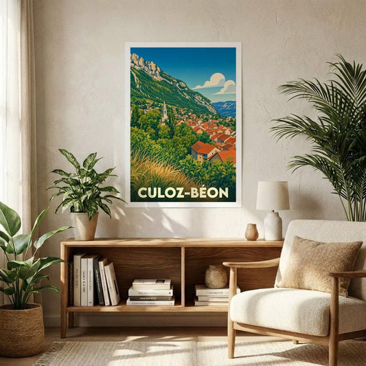 Affiche souvenir de la ville de Culoz-Béon avec une illustration stylisée de style vintage.