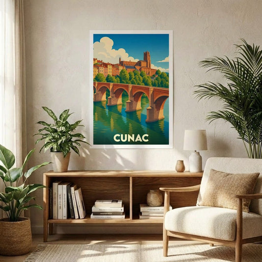 Affiche souvenir de la ville de Cunac avec une illustration stylisée représentant un pont à arches et la cathédrale.