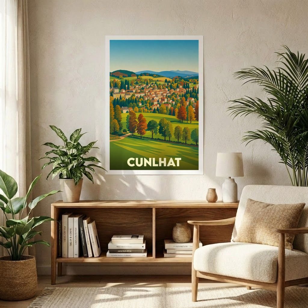 Affiche souvenir de la ville de Cunlhat avec une illustration stylisée d'un paysage vallonné.