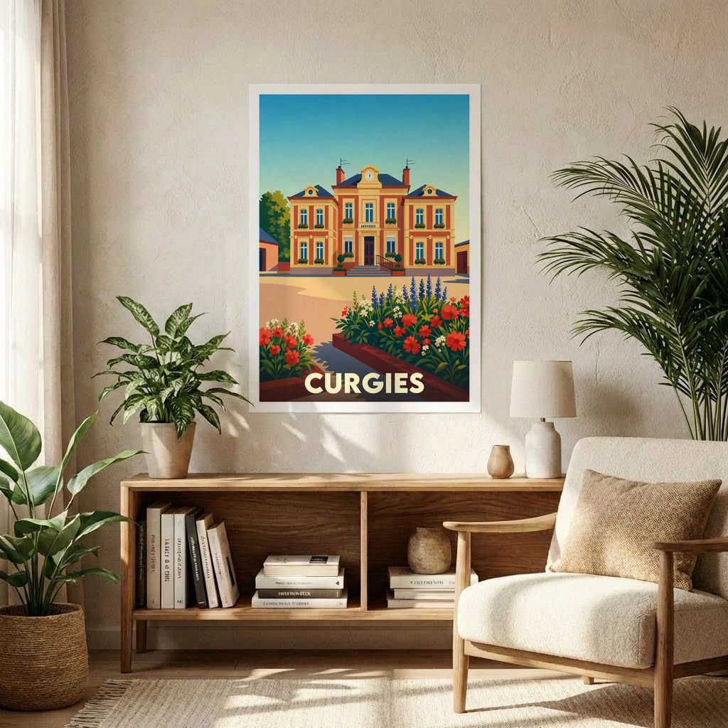 Affiche souvenir de la ville de Curgies avec une illustration stylisée d'un bâtiment remarquable et de fleurs.
