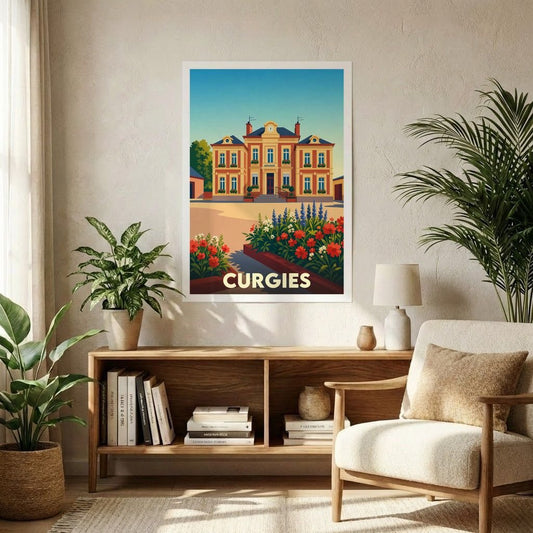 Affiche souvenir de la ville de Curgies avec une illustration stylisée d'un bâtiment remarquable et de fleurs.