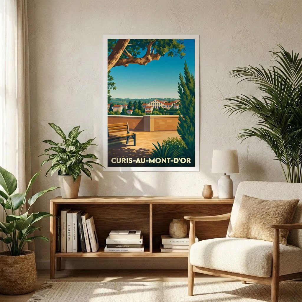 Affiche souvenir de la ville de Curis-au-Mont-d'Or avec une illustration stylisée.