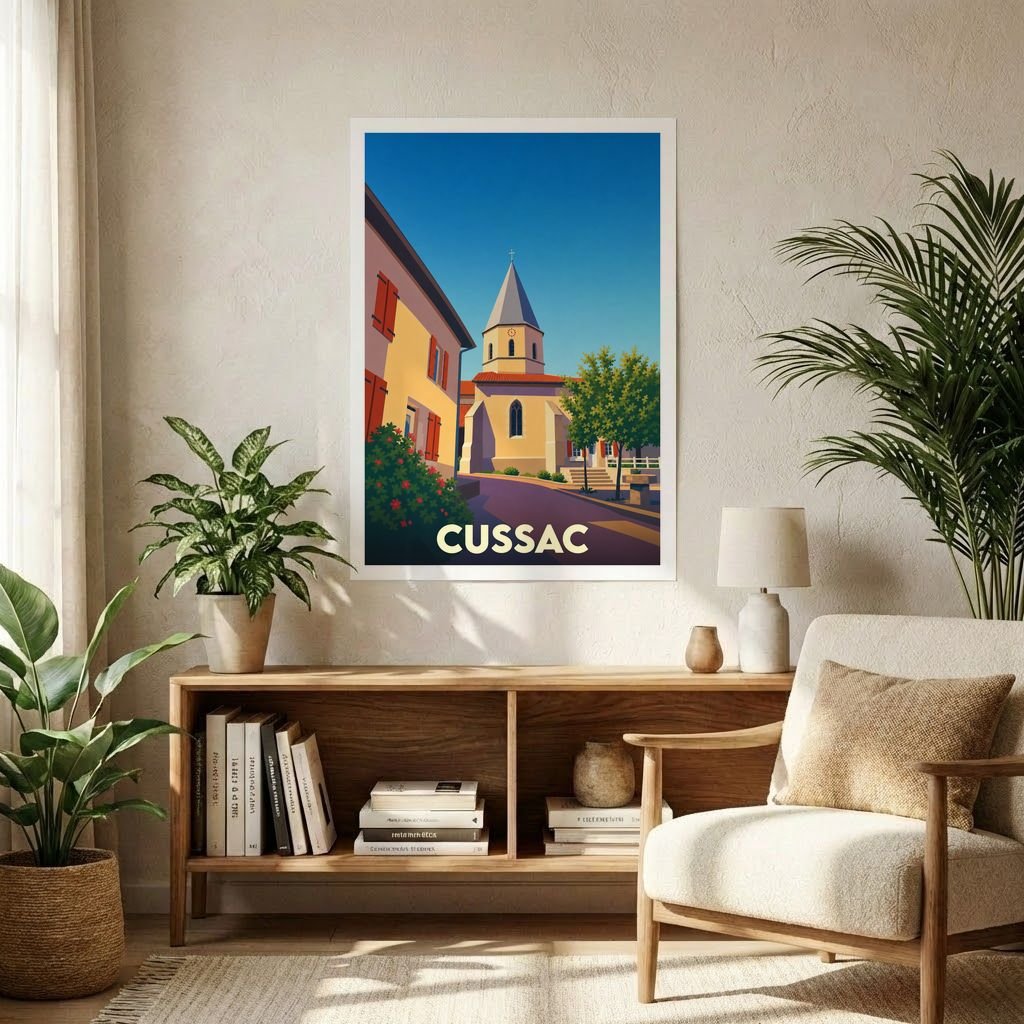 Affiche souvenir de la ville de Cussac avec une illustration stylisée d'une église sous un ciel bleu.