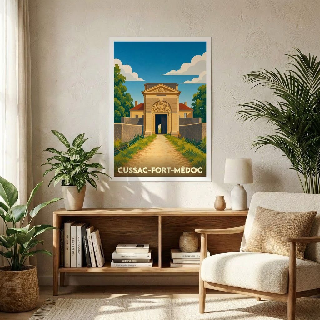 Affiche souvenir de la ville de Cussac-Fort-Médoc avec une illustration stylisée de son fort historique.