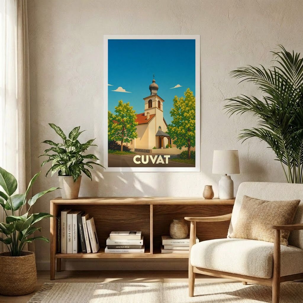 Affiche souvenir de la ville de Cuvat représentant une église avec une illustration stylisée.