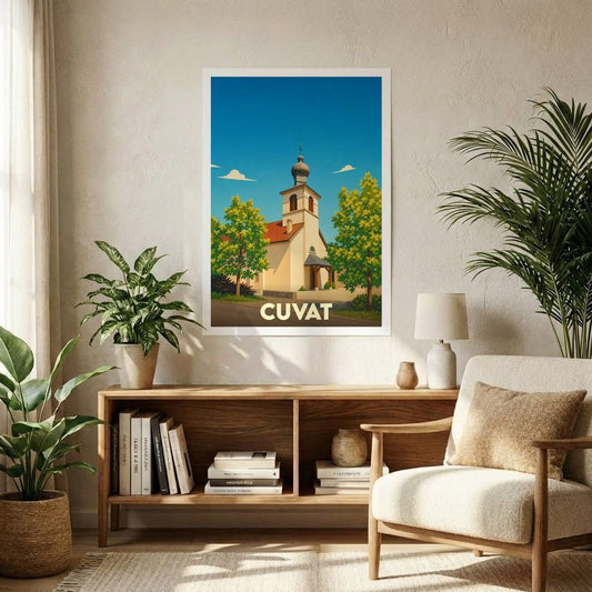 Affiche souvenir de la ville de Cuvat représentant une église avec une illustration stylisée.
