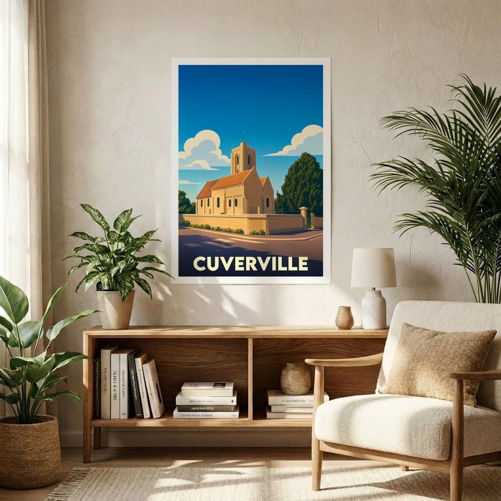 Affiche souvenir de la ville de Cuverville avec une illustration stylisée d'une église sous un ciel bleu.