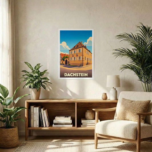 Affiche souvenir de la ville de Dachstein avec une illustration stylisée d'un bâtiment historique alsacien.