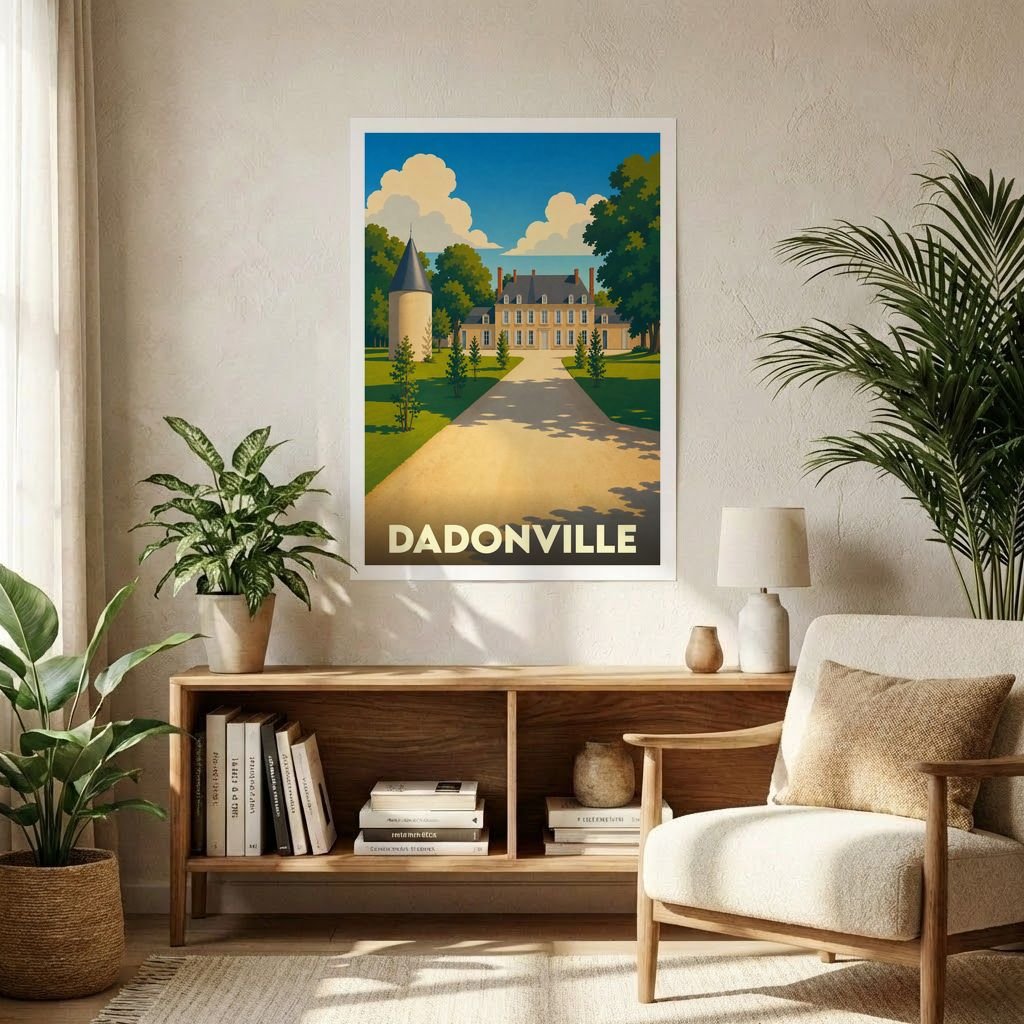 Affiche souvenir de la ville de Dadonville présentant une illustration stylisée d'un château.